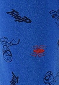 Blue fabric featuring black Spider-Man illustrations and one red spider. The designs include web patterns and text accents in black.