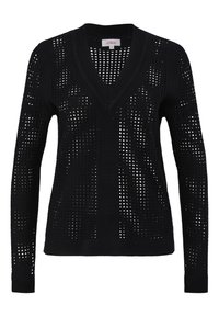 Schwarzer Strickpullover mit V-Ausschnitt, durchgehend mit einem offenen Lochmuster, langen Ärmeln und gerippten Abschlüssen an Bündchen und Saum.