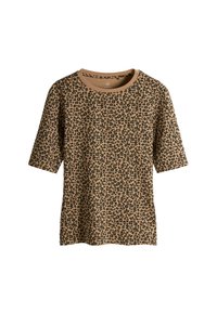 T-shirt met luipaardprint in beige en zwart, met een ronde hals en korte mouwen. Gemaakt van zachte stof met een gladde textuur.