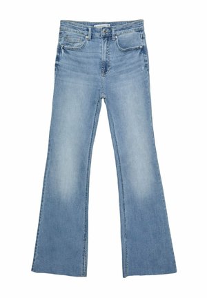 Jean en denim bleu clair avec une taille haute, des jambes évasées, des poches à l'avant et à l'arrière, et un léger délavage aux cuisses et aux genoux.