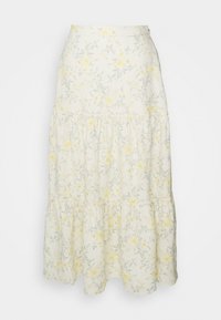 Kreemivärvi lilleline midi-seelik, millel on kollased ja rohelised mustrid, kihiline disain ja mugav elastne vöökoht.