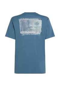 Camiseta de algodón de color azul claro con un estampado gráfico en la parte de atrás, que representa a un surfista y bordes estampados. Mangas cortas y escote redondo.