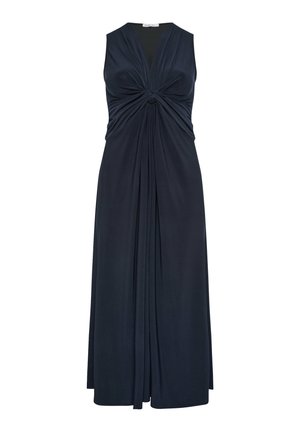 Ärmelloses dunkelblaues Maxikleid mit tiefem V-Ausschnitt und geknotetem, plissiertem Detail auf der Brust, das zu einem langen, geraden Rock übergeht.