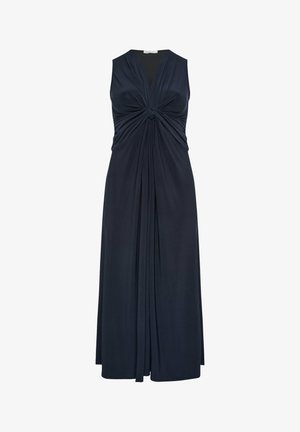 Ärmelloses dunkelblaues Maxikleid mit tiefem V-Ausschnitt und geknotetem, plissiertem Detail auf der Brust, das zu einem langen, geraden Rock übergeht.
