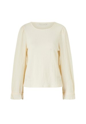 Licht ivorenkleurige blouse met lange mouwen, een ronde hals en subtiele ruches bij de manchetten.