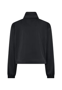 Sort letvægtsjakke med høj krave, lange ærmer, elastiske manchetter og en lige kant, vist bagfra på en hvid baggrund.