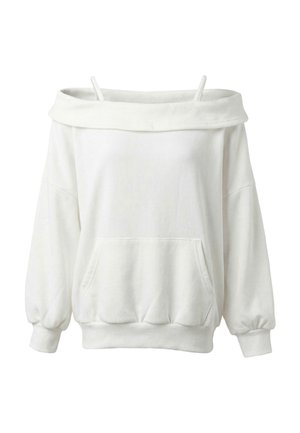 Hvid off-shoulder sweatshirt med bred krave, forlomme, ribbede manchetter og kant samt to tynde skulderstropper, vist på ensfarvet baggrund.