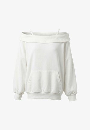 Hvid off-shoulder sweatshirt med bred krave, forlomme, ribbede manchetter og kant samt to tynde skulderstropper, vist på ensfarvet baggrund.