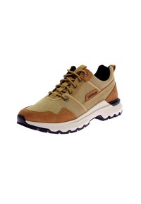 Sneaker in suede e tessuto marrone e beige con suola nera, dotata di colletto imbottito, design con lacci e dettagli del logo laterale.