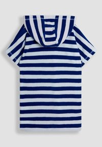 Kapuzentuch mit kurzen Ärmeln, das marineblaue und weiße Streifen aufweist, aus weichem Frottee-Material gefertigt, mit einer Fronttasche und genähten Saumkanten.