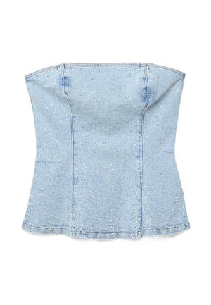 Jasnoniebieski jeansowy gorset bez ramiączek z subtelnymi ozdobami z kryształków oraz widocznymi, pionowymi szwami.