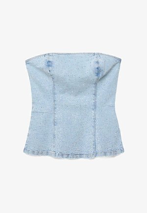 Svetlo modra jeans brez naramnic, korzet z nežnimi okraski iz kristalkov in vidnimi navpičnimi šivi.