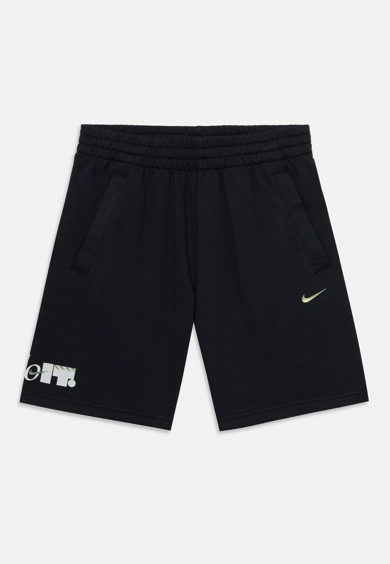 Svart bomullsshorts med elastisk midje, to sidelommer og en grønn Nike-logo. Har et mønstrede detalj på venstre ben.