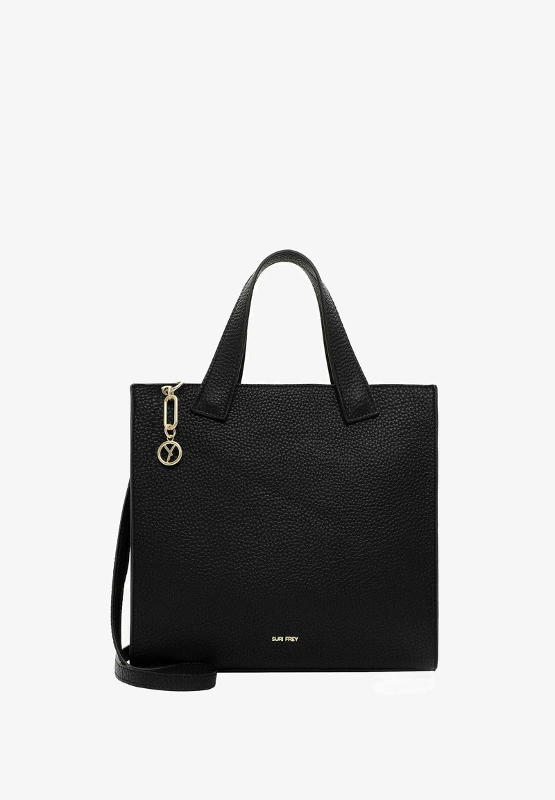 Black leather tote bag with textured surface, short handles, an adjustable strap, and a gold metal charm detail. Features embossed logo.