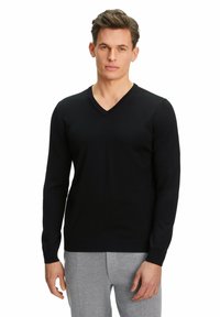 Schwarzer, langärmeliger Pullover mit V-Ausschnitt, hergestellt aus einem glatten Stoff, enganliegender Silhouette und gerippten Bündchen und Saum.