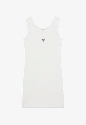 Vestito bianco senza maniche con scollatura a girocollo e piccolo logo metallico triangolare centrato sotto la scollatura.