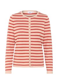 Hellrosa Cardigan mit roten horizontalen Streifen, langen Ärmeln, rundem Ausschnitt und Knopfleiste vorne. Hergestellt aus weichem, strukturiertem Stoff.