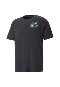 Černé tričko s krátkým rukávem s tyrkysovým textem "Palm Tree Crew" a květinovou grafikou na horní levé části hrudi.