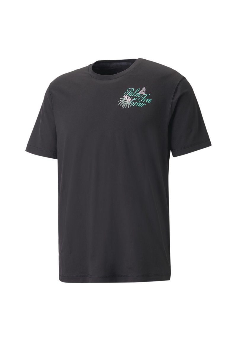 Černé tričko s krátkým rukávem s tyrkysovým textem "Palm Tree Crew" a květinovou grafikou na horní levé části hrudi.