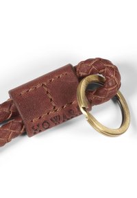 Brown leather keychain with braided detail and a rectangular leather accent featuring embossed text. Gold metal keyring attached.