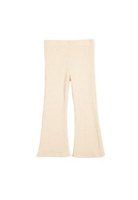 Pantalones acampanados de color beige con textura acanalada, que cuentan con una cintura alta y un diseño de pierna recta, creando una silueta relajada.
