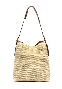 Borsa a spalla in paglia intrecciata con dettagli in pelle marrone e parte superiore arrotondata. Presenta una superficie beige naturale e testurizzata con tracolla regolabile.