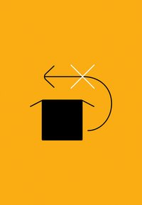 Svart fyrkantig låda med en grå pil som svänger vänster och en vit "X"-symbol ovanför den, mot en ljusgul bakgrund.