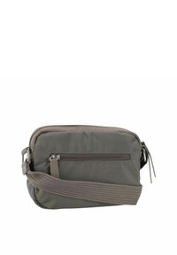 Borsa a tracolla rettangolare grigia realizzata in tessuto morbido e testurizzato. Presenta una tasca frontale con zip e una larga tracolla regolabile.