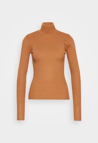 Pull à col roulé côtelé à manches longues en beige chaud, coupe ajustée, confectionné dans un tissu doux et texturé avec un col bien ajusté.
