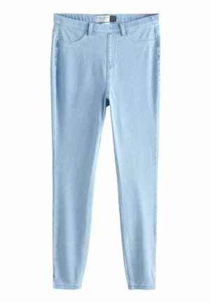Helle blaue Jersey-Leggings mit glatter Textur, schlanker Passform und einem Bund. Verfügt über Fronttaschen und minimale Nähdetails.