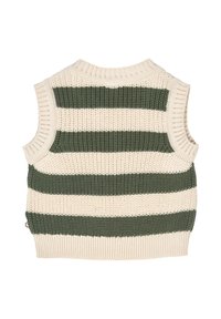 Maglione senza maniche lavorato a maglia, caratterizzato da strisce orizzontali alternate in verde oliva e crema, con dettaglio a costine sul colletto e sull'orlo.