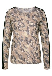 Langarmtop in beige met zwart luipaardprint. Beschikt over een ronde halslijn en zwarte zijstrepen. Gemaakt van een textuurstof.