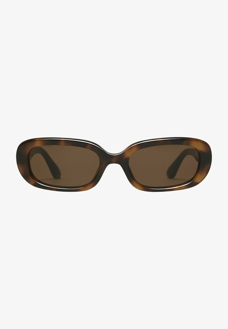 Tortoiseshell sunglasses with a smooth, rounded rectangular frame and brown lenses. Features thin, curved arms with a glossy finish.