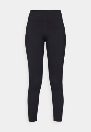 Leggings neri a vita alta realizzati in materiale elasticizzato, con una texture liscia e un design aderente che si estende fino alle caviglie.
