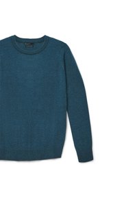 Maglione a maniche lunghe in teal, con collo rotondo e polsini e orlo a coste, realizzato in tessuto misto cashmere, poggiato su uno sfondo bianco.