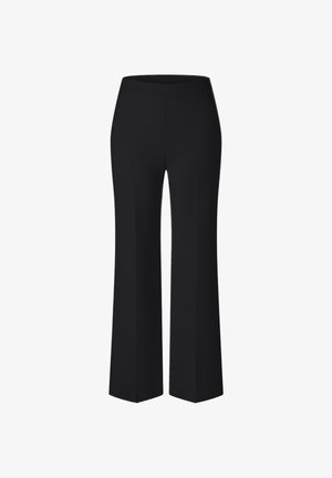 Pantaloni neri a palazzo con una texture liscia, vita alta e silhouette strutturata. Il design presenta un colore uniforme senza motivi.