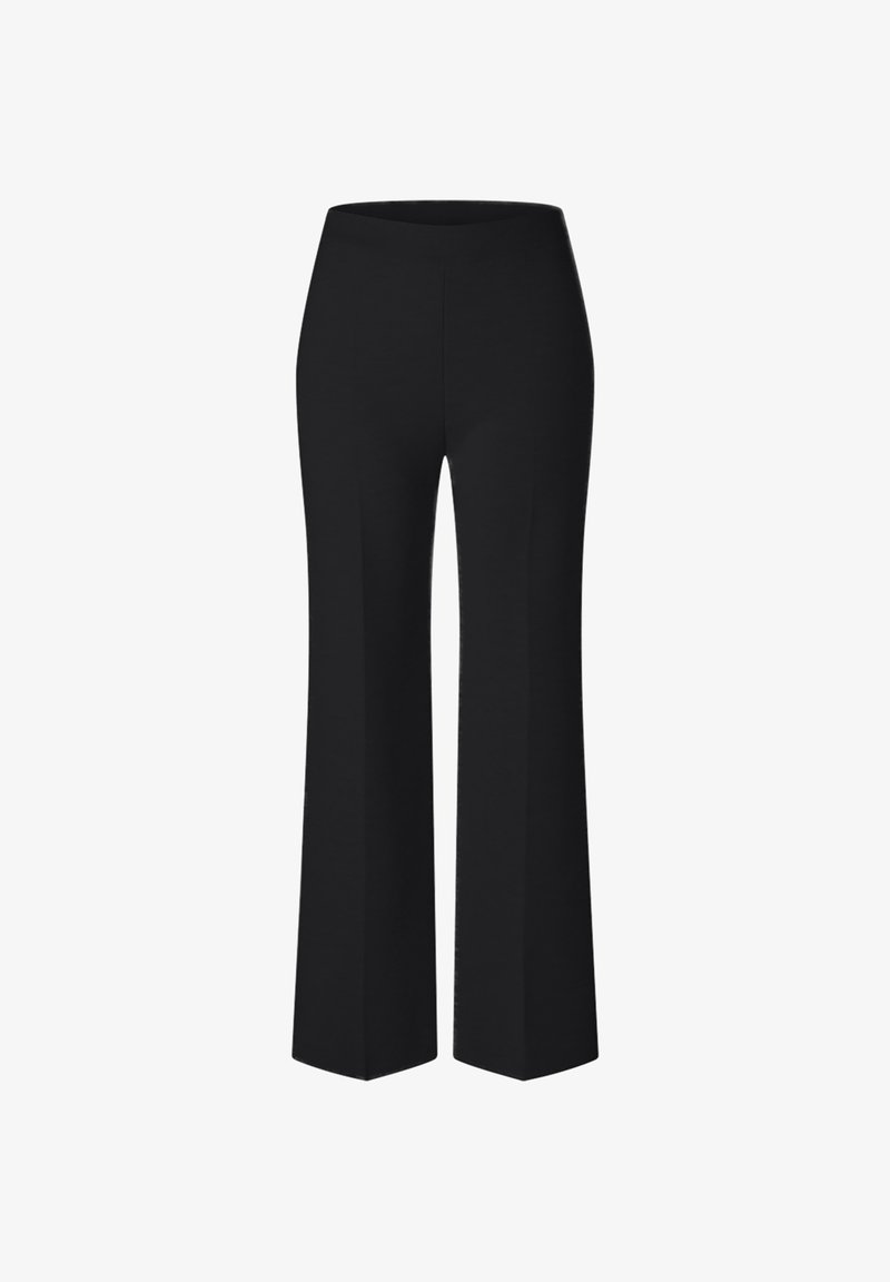 Pantalones de campana negros con una textura suave, cinturilla alta y silueta estructurada. El diseño presenta un color sólido sin patrones.