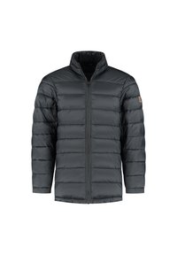 Donkergrijze gewatteerde pufferjas met lange mouwen, staande kraag en ritssluiting aan de voorkant.