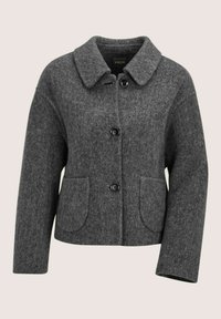 Grijze wollen herringbone jas met brede kraag, drie zwarte knopen, lange mouwen en twee voorzakken.