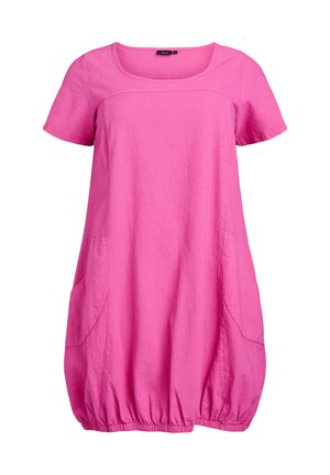 Roza obleka s kratkimi rokavi iz lahkotnega materiala. Ima okroglo izrez, nabran rob in dve stranski žepi.