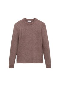 Brauner gestrickter Pullover mit rundem Ausschnitt, gerippten Bündchen und Saum, mit einem strukturierten Muster auf dem gesamten Stoff.