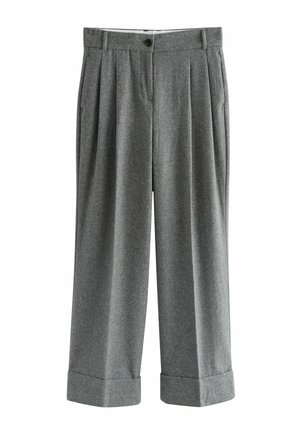 Grau wollene Hose mit Falten, weitem Bein-Design und umgeschlagenen Säumen. Verfügt über Seitentaschen und einen Knopfverschluss an der Taille.