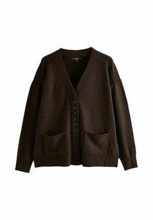 Hnědý oversized cardigan vyrobený z jemné směsi vlny. Má hluboký výstřih do V, zapínání na knoflíky a dvě přední kapsy. Minimalistický design, texturovaný povrch.