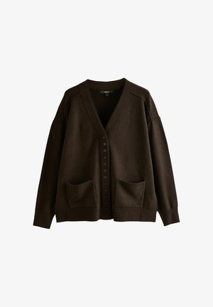 Pruun ülemõõduline kardigan, valmistatud pehmest villasegust. Omab sügavat V-kaela, nupulukkumist ja kahte esist taskut. Minimalistlik disain, tekstureeritud viimistlus.