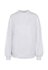 Valkoinen collegepaita, pyöreä pääntie, pitkät hihat kuminauhakäärityksillä, pehmeä kangas, rento istuvuus, minimalistinen muotoilu, ei näkyviä kuvioita tai logoja.