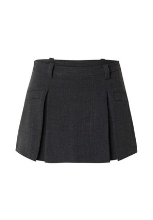 Dark grey mini skirt with a structured design, featuring pockets and pleated detailing. Made from a textured fabric for added depth.