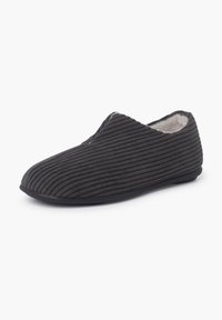 Pantofole grigio scuro con una texture a righe, fodera morbida, punta ampia e suola nera flessibile. Adatte per l'uso interno.