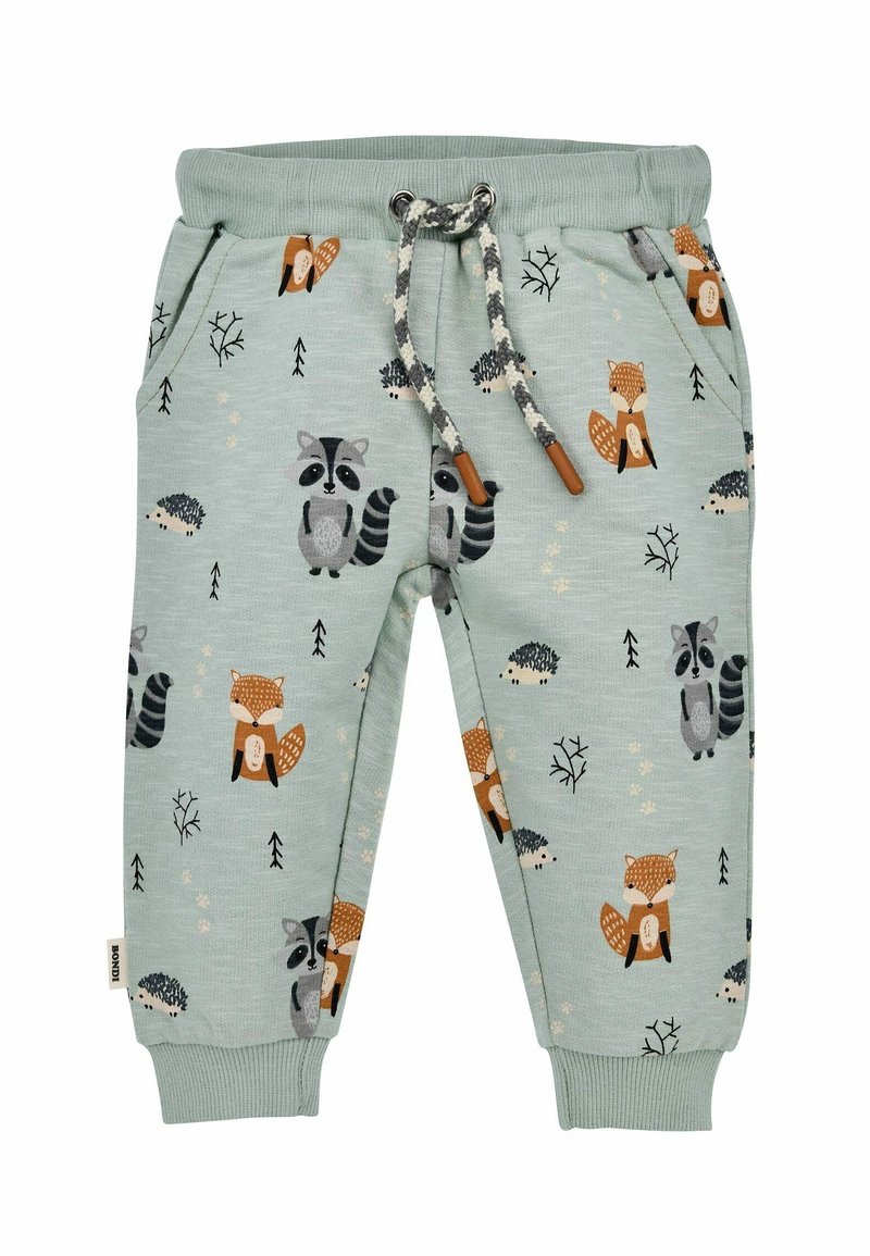 Pantalones para niño pequeño en verde claro con cintura elástica y cordón, que presentan estampados de zorros, mapaches, erizos y pequeños árboles.