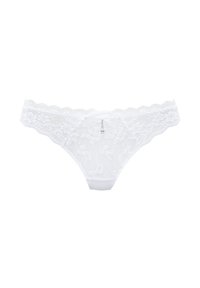 Weißer Spitzen-Slip mit floralen Mustern, gewellten Kanten und einem kleinen metallischen Akzent. Verfügt über ein glattes Innenfutter aus weißer Baumwolle für zusätzlichen Komfort.