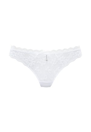 Weißer Spitzen-Slip mit floralen Mustern, gewellten Kanten und einem kleinen metallischen Akzent. Verfügt über ein glattes Innenfutter aus weißer Baumwolle für zusätzlichen Komfort.
